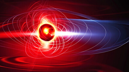 Vibrant Red Atomic Structure with Electromagnetic Field.Energy and motion in a futuristic style.