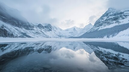 lake in winter, snow covered mountains with a reflection on the water 