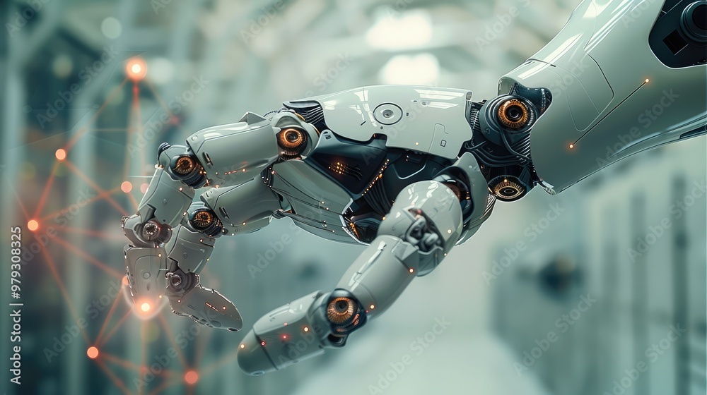 Poster Robot arm and communication network concept. Industrial technology. Generative AI.