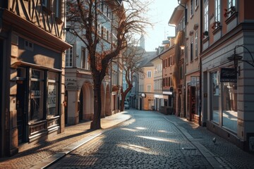 Street old town in Europe city architecture cobblestone.