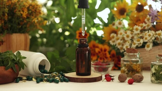 Oil drips from a dropper into a glass bottle with natural healing oil. Fresh herbs, capsules and ingredients on the table surrounded by plants and flowers. Alternative medicine.