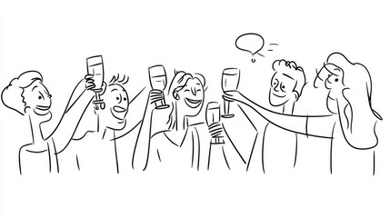 Obraz premium Simple lines capture a group of people laughing and toasting together, the minimalist pen drawing evoking joy and friendship.