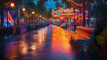 A view of a winding park pathway lined with empty benches and rides, framed by bright lights and vibrant colors.