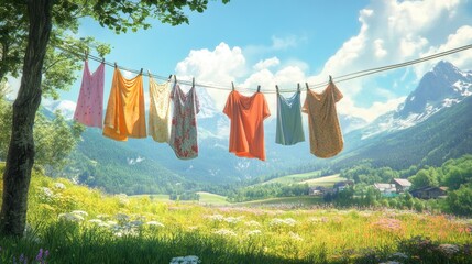 A variety of clothing items hanging on a laundry line, with mountains and a scenic countryside in the background.