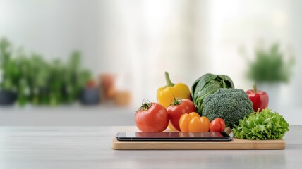 A smartphone surrounded by fresh vegetables on a wooden surface, highlighting healthy eating and digital lifestyle.