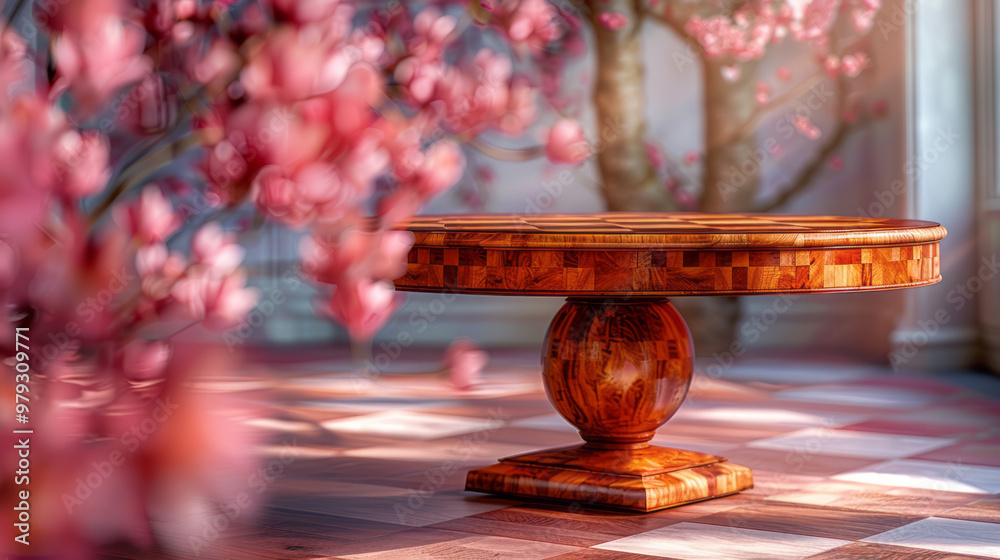 Poster A handcrafted wooden table with a checkerboard inlay pattern, adding a unique artistic touch,