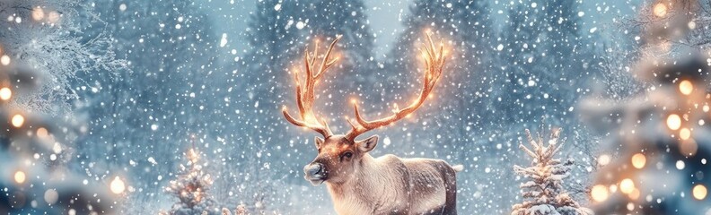 A majestic reindeer stands in a snowy landscape, surrounded by frosted trees and twinkling lights, embodying a winter wonderland.