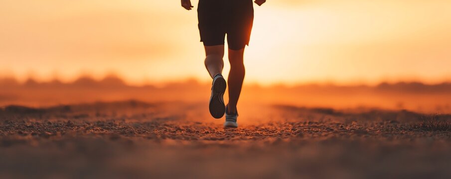 A lone runner on a dirt path at sunset, embodying perseverance and freedom in motion against a breathtaking horizon.