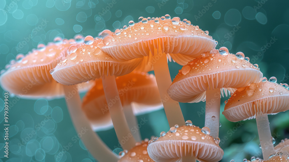 Poster a close-up of a cluster of delicate, light-brown mushrooms with translucent caps, bathed in soft, go