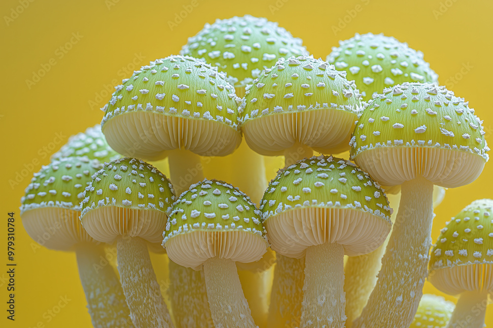 Poster A macro view of small, luminescent green mushrooms growing in a circular cluster, emitting a gentle glow,