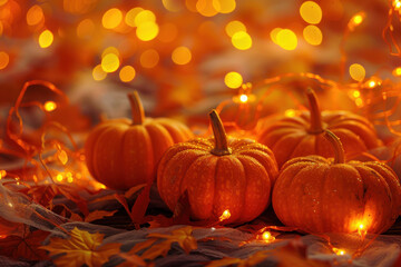 Orange pumpkins on a Halloween background, yellow lights on a background.