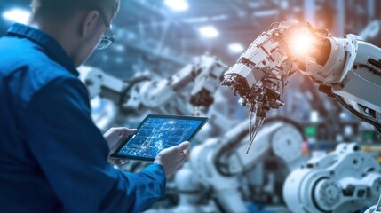 Fototapeta premium An industrial automation consultant assessing a robotic production line, using a tablet to adjust settings and improve efficiency, with robots working in the background