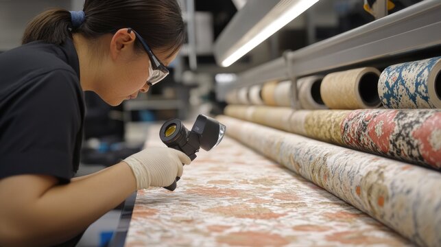 A close-up of the quality control section shows inspectors carefully examining fabric samples for defects