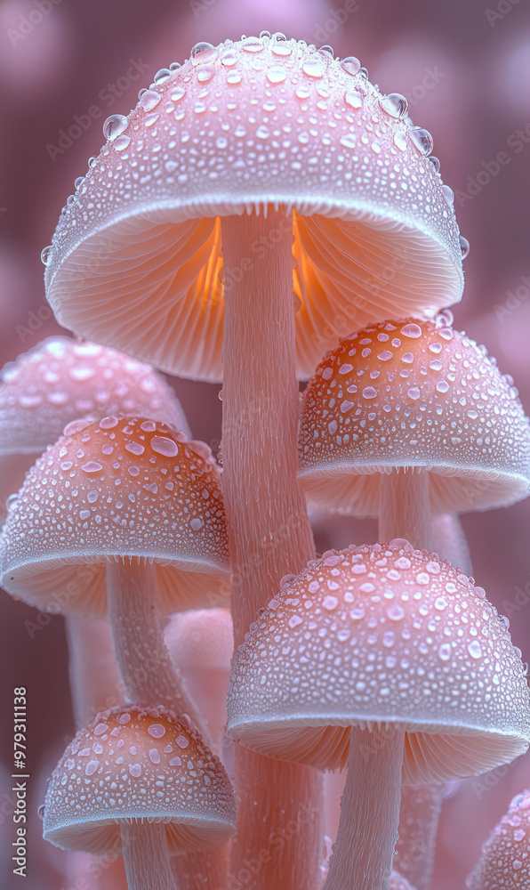 Poster a macro shot of mushrooms with a soft, creamy texture and rounded caps, softly glowing,