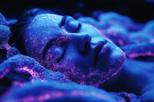 Portrait of a woman resting with glowing violet particles on her face symbolizing peaceful dreams inner reflection and the beauty of sleep in a surreal dreamy environment