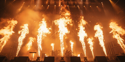 Dramatic stage setup with massive flame bursts and intense lighting during a live concert, the energy and excitement of the performance. Generative AI.