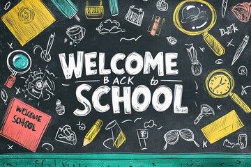 Naklejka premium School supplies on blackboard background ready for your design - concept back to school 