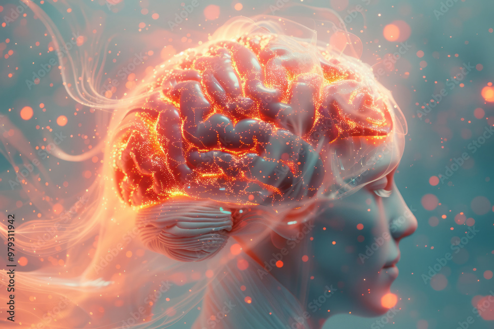 Poster a visual metaphor of dopamine as a river of light flowing through a stylized brain landscape,