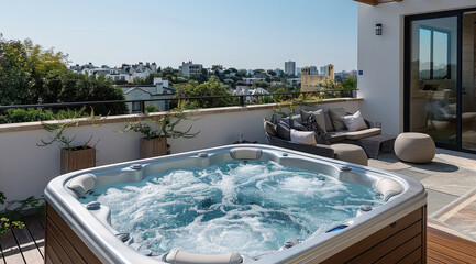 The outdoor hot tub is surrounded by comfortable seating, creating an inviting space for relaxation and socializing during the summer season in the gorgeous Garden with an amazing view of the city.