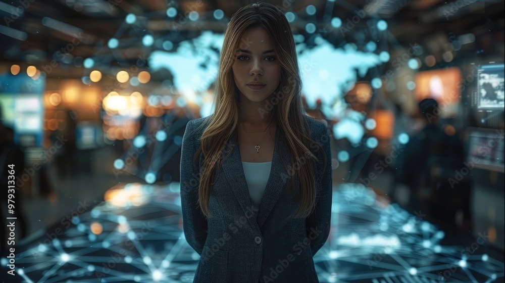Poster A young woman in business attire stands confidently, surrounded by digital devices and glowing holograms that form a global map with interconnected nodes. Generative AI.