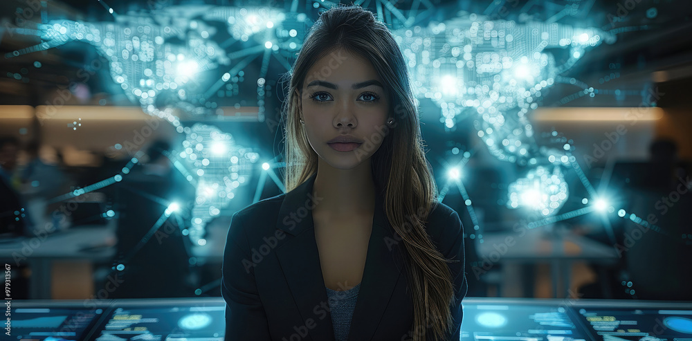 Poster A young woman in business attire stands confidently, surrounded by digital devices and glowing holograms that form a global map with interconnected nodes. Generative AI.