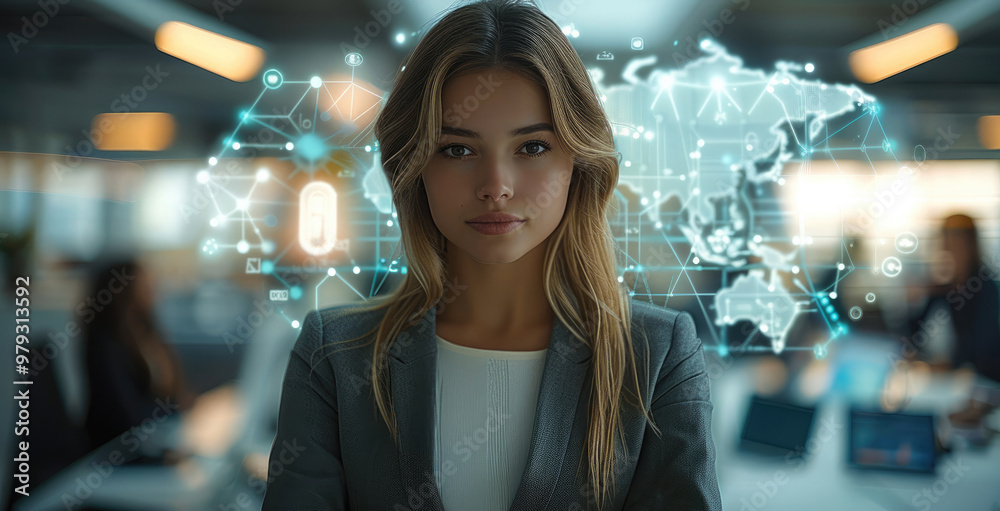 Leinwandbilder a young woman in business attire stands confidently, surrounded by digital devices and glowing holog