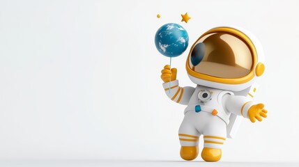 Obraz premium Cute Cartoon Astronaut Holding Earth Balloon in Space