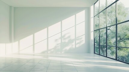 Obraz premium Stylish Minimalist Interior with Expansive Window, Natural Light, and Serene Atmosphere. Modern Aesthetics and Negative Space Design