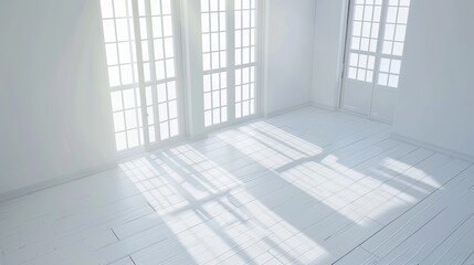 Obraz premium Stylish Minimalist Interior with Expansive Window, Natural Light, and Serene Atmosphere. Modern Aesthetics and Negative Space Design