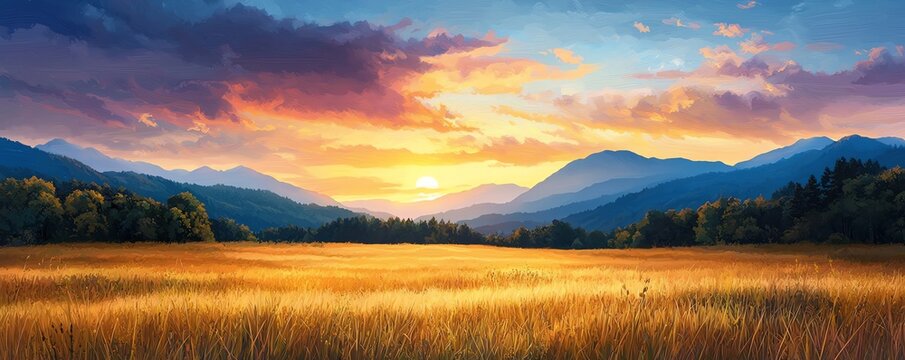 A serene landscape featuring rolling hills, a vast golden field, and a vibrant sunset with dramatic clouds and mountains.
