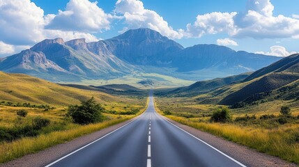 Naklejka premium Long, empty road stretching across a vast mountain plateau, capturing the feeling of solitude and exploration, Mountain range sweeping road