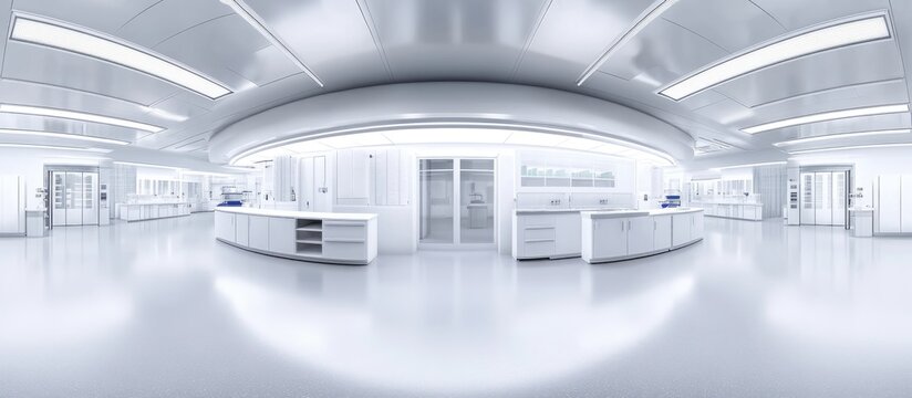 360 degree panoramic view of a spacious minimalist modern technology lab interior featuring a clean and empty design rendered in 3D