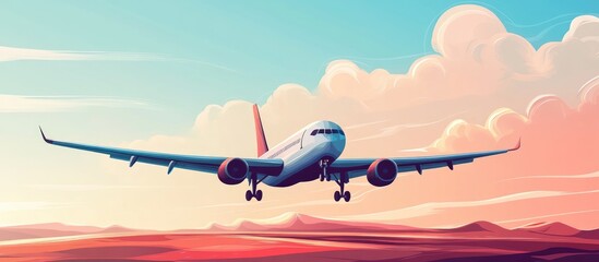 Air travel during summer holidays Airplane landing against an aerial backdrop representing the journey of flight and exploration