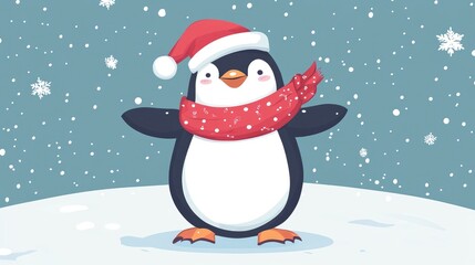 Obraz premium Flat color illustration featuring a cheerful penguin celebrating Christmas