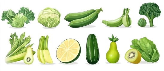 Assortment of green edible vegetables and fruits arranged for display