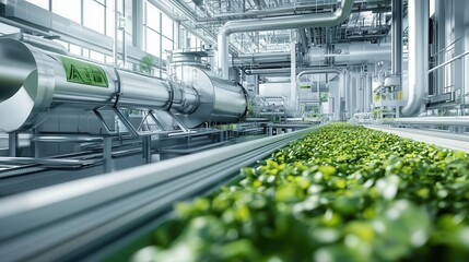 Futuristic plant facility filtering carbon emissions, green technology for the future, carbon capture technologies, sustainability progress