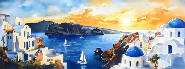 Obraz premium Watercolor painting of a sunset in Santorini, with cruise ships at sea