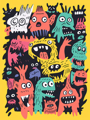 Brightly colored cartoon monsters with quirky features and playful expressions, vibrant whimsical creatures with wide eyes, toothy grins, and horns in fun, lighthearted illustrations