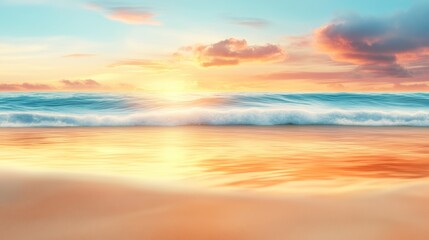 A beach with a sunset in the background and waves, AI