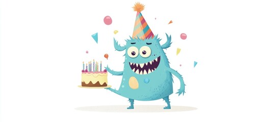 Humorous cartoon monster character adorned with a party hat holding a birthday cake Flat raster illustration set against a white background