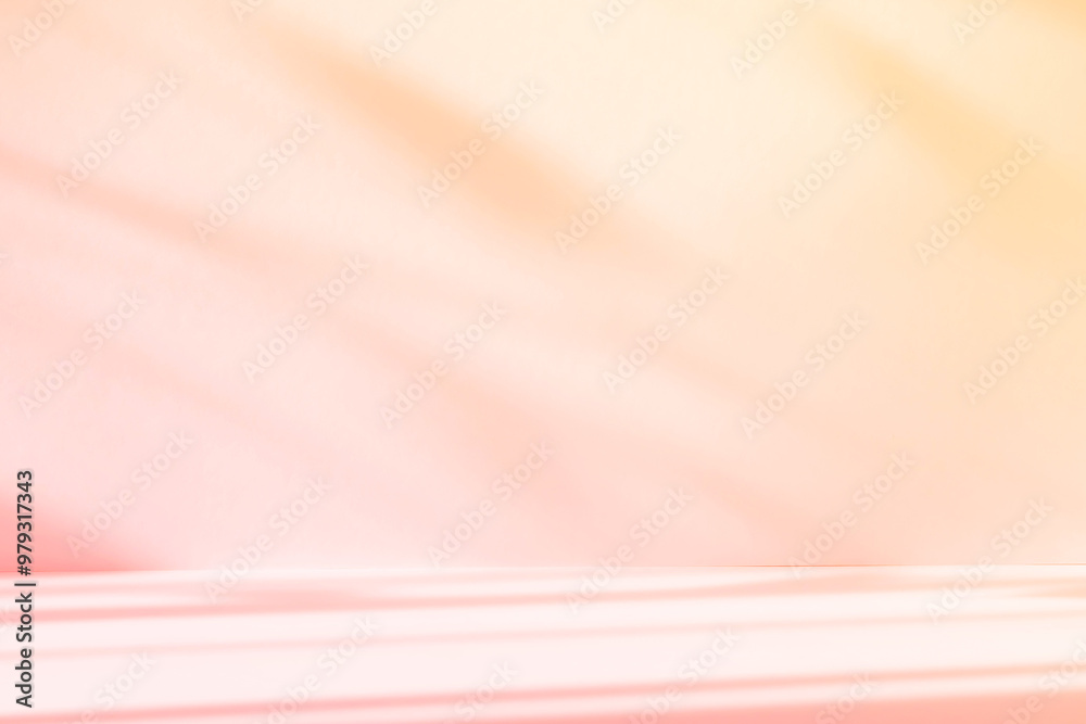 Aufkleber Abstract pink color gradient studio background for product presentation. Empty room with shadows of window and flowers and plant leaves . 3d room with copy space. Summer concert. Blurred backdrop.