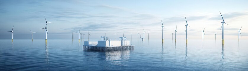 Offshore carbon capture facility amidst wind turbines, integration of renewable energy, carbon capture technologies, future of energy