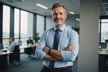 Fototapeta premium happy mid aged business man ceo standing in office arms crossed