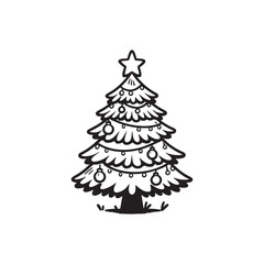 Decorated Christmas Tree in Black Outline on Plain White.
