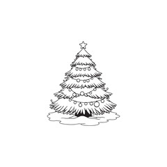 Decorated Christmas Tree in Black Outline on Plain White.
