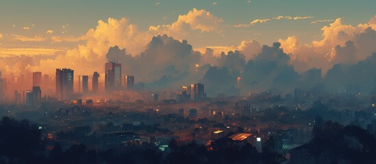 Panoramic painting depicting urban skyline shrouded in air pollution