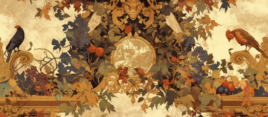 Renaissance themed mural featuring fig leaves motif ornate details rich colors and intricate patterns in a classical art style creating a grand and elegant atmosphere with textured surfaces