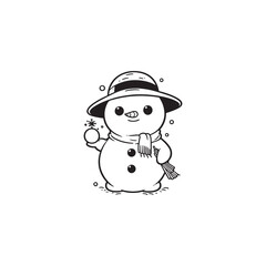 Funny Snowman Holding Snow - Vector Illustration, Black Outline.
