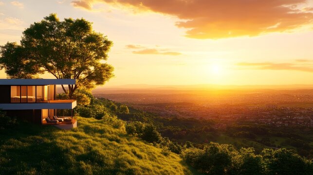 A modern cube house with tiered terraces, open-air lounges, panoramic views, minimalist structure, warm golden hour light, photorealistic, contemporary architecture