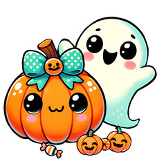 A cute ghost and a scary pumpkin with a bright bow light up this Halloween children's illustration. It's playful and charming, ideal for holiday themes. Great for creative content!